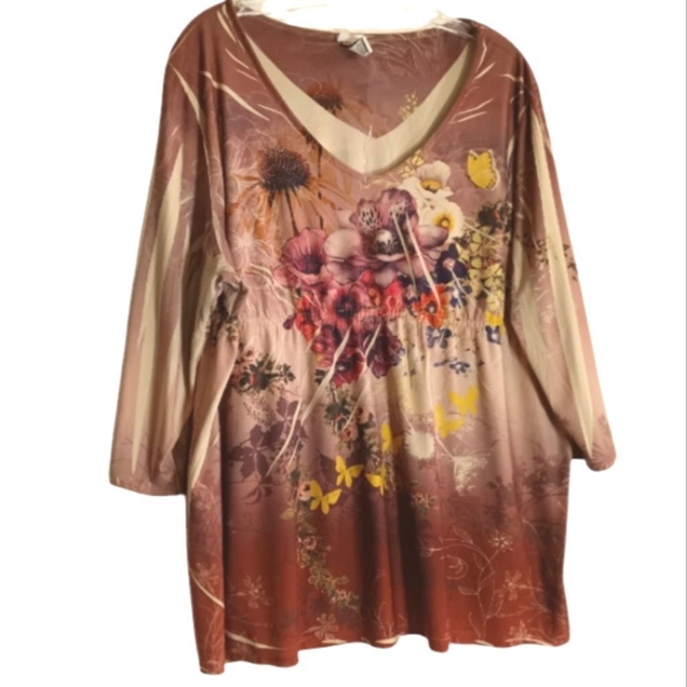 Brown Floral Print Women's Scoop Neck 3/4 Sleeve Pull Over Top